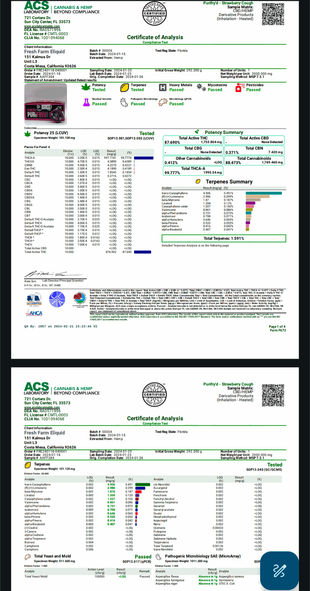 Half Bak'd PuriFryd concentrate product label shown on two cannabis laboratory certificates of analysis with test results