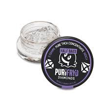 Half Bak'd PuriFryd THCA diamond sauce concentrate in a clear glass jar with a purple and black branded lid