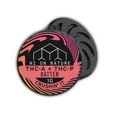 Hi on Nature Concentrate(s) Batter in a round black container with a pink and orange label, marked THCA + THCP batter, 1G