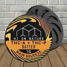Hi on Nature Concentrate(s) Batter in a round black container with a yellow-orange label and THCa + THCP text