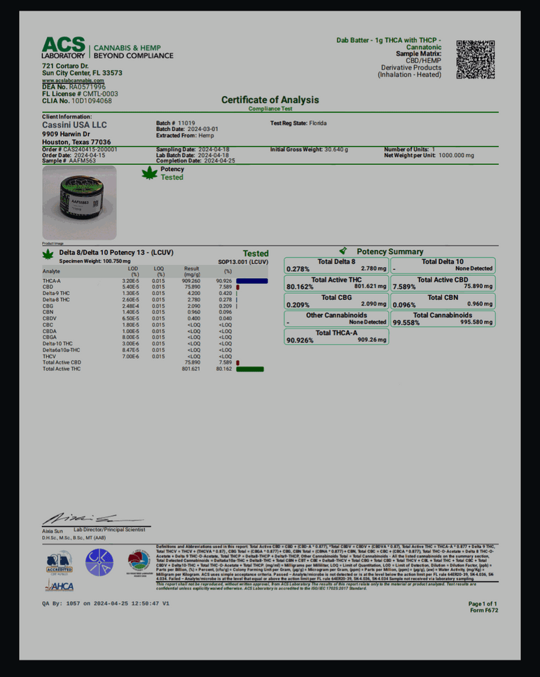 Hi on Nature Concentrate(s) Batter certificate of analysis showing cannabinoid potency results and a green cannabis-tested symbol