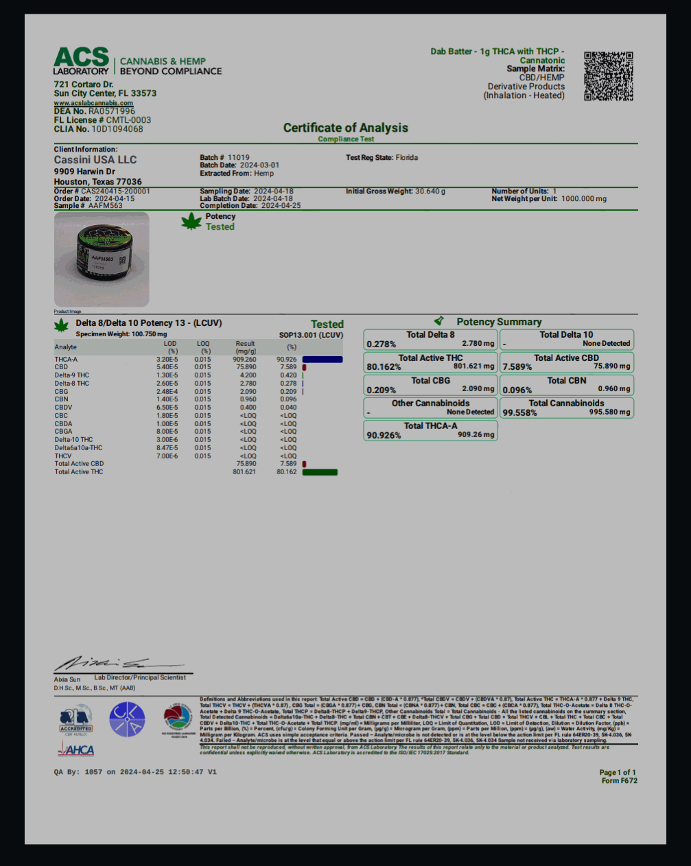 Hi on Nature Concentrate(s) Batter certificate of analysis showing cannabinoid potency results and a green cannabis-tested symbol