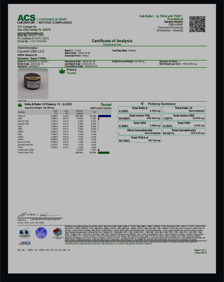 Cannabis concentrate label for Hi on Nature Concentrate(s) Batter, showing a small jar and cannabinoid test results.