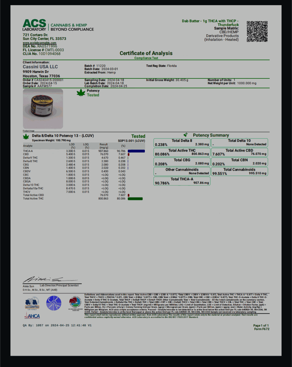 Cannabis concentrate label for Hi on Nature Concentrate(s) Batter, showing a small jar and cannabinoid test results.