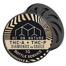 Hi On Nature Concentrate(s) diamond and sauce concentrate in a round black jar with a black and gold label
