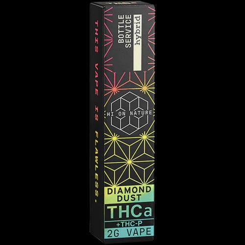 Hi on Nature Diamond Dust Disposable(s) THCa vape in black packaging with neon geometric starburst pattern and 2g label