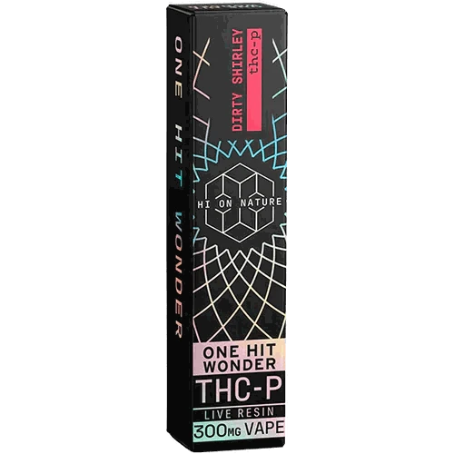 Hi on Nature Disposable(s) vape in a black box with colorful geometric line patterns and pink One Hit Wonder THC-P labels