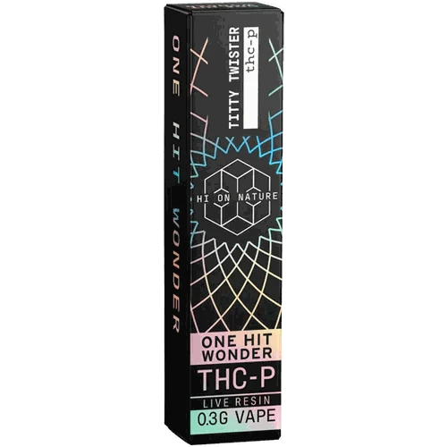 Hi on Nature Disposable(s) THC-P vape in a black box with colorful geometric line art and live resin label