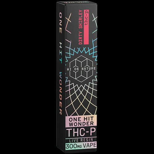 Hi on Nature Disposable(s) THC-P vape box in black packaging with colorful geometric line art, a pink Dirty Shirley flavor label and 300mg text