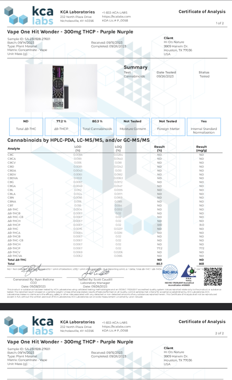 Hi on Nature Disposable(s) purple THC-P vape pen shown on a certificate of analysis with cannabinoid test results