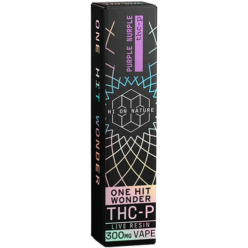 Hi on Nature Disposable(s) THC-P vape box in black with colorful geometric line patterns, purple label and 300mg marking