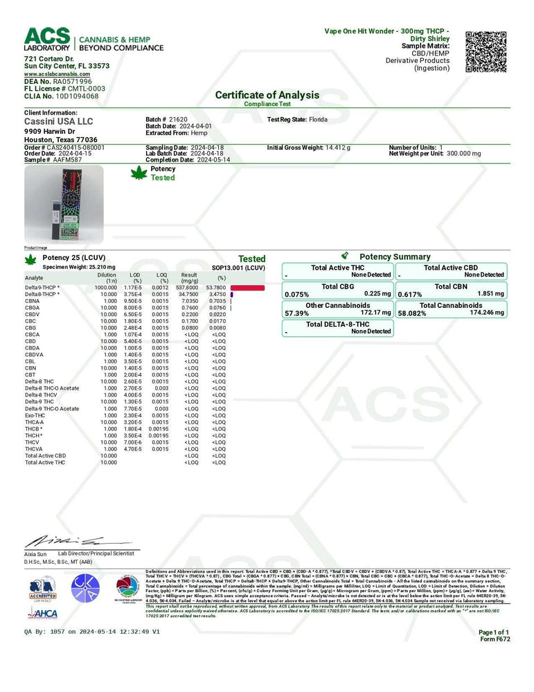 Hi on Nature Disposable(s) cannabinoid vape certificate with a green header, test results, potency summary and product label