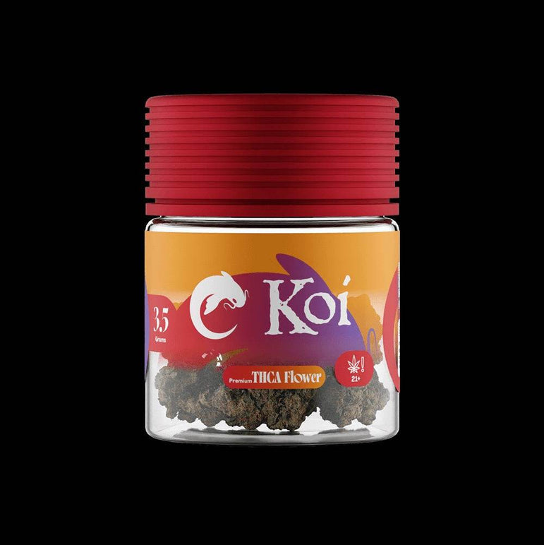 Koi Alpine White THCa flower in a clear jar with a red lid, colorful Koi label, and visible flower buds
