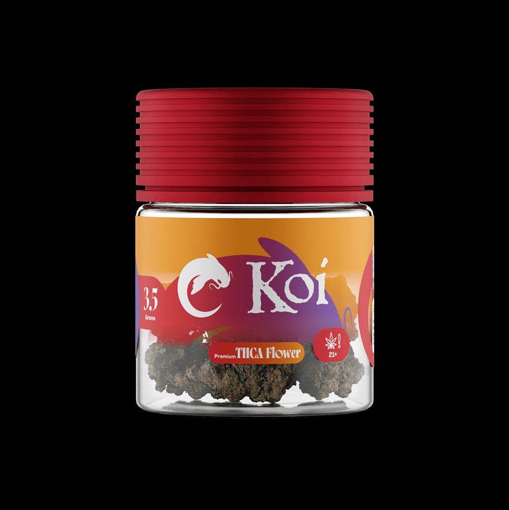 Koi Alpine White THCa flower in a clear jar with a red lid, colorful Koi label, and visible flower buds