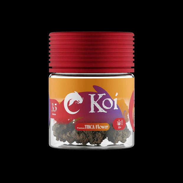 Koi Alpine White THCa flower in a clear jar with a red lid, colorful Koi label, and visible flower buds