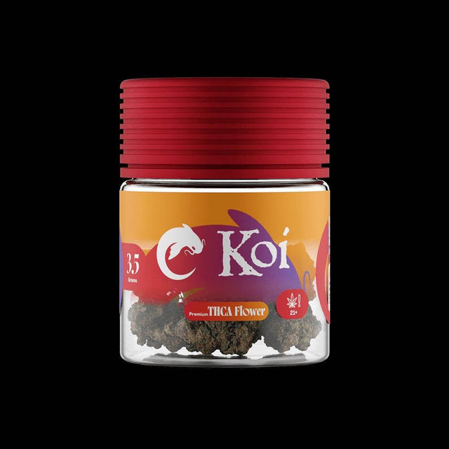 Koi Alpine White THCa flower in a clear jar with a red lid, colorful Koi label, and visible flower buds