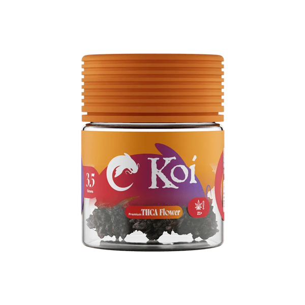 Koi Premium Indoor THCa Flower(s) in a clear jar with an orange ribbed lid, colorful label, and visible dark flower