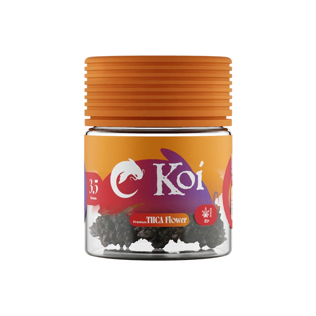 Koi Premium Indoor THCa Flower(s) in a clear jar with an orange ribbed lid, colorful label, and visible dark flower