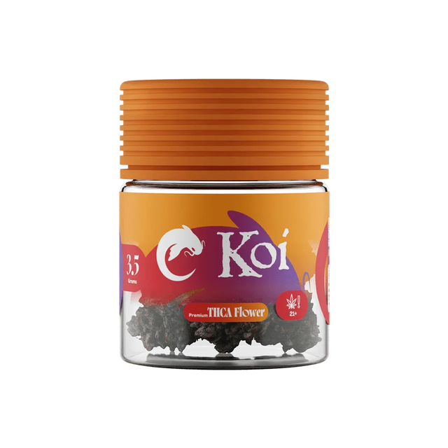 Koi Premium Indoor THCa Flower(s) in a clear jar with an orange ribbed lid, colorful label, and visible dark flower
