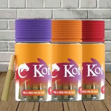 Koi THCa Kief-Infused mini pre-rolls in three clear jars with purple, orange, and red lids and colorful labels