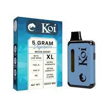 Koi XL THC Disposable in blue, with a matching 5-gram box and compact vape device featuring a small display
