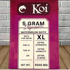 Koi XL THC Disposable in a magenta package with white label, marked Watermelon Skitz, XL and 5 gram.