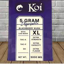 Koi XL THC Disposable in a purple 5 gram package, labeled Blackberry Kush with a white and black product panel