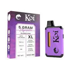 Koi XL THC Disposable purple vape device with matching five-gram box, featuring a compact design and screen