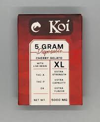 Koi XL THC Disposable in a red and black rectangular package with white lettering and Cherry Gelato flavor label