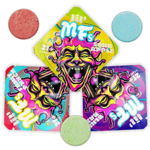 Lil MFs Euphoric Mushroom Tabs in colorful triangular and rectangular packs with psychedelic face artwork and round tablets