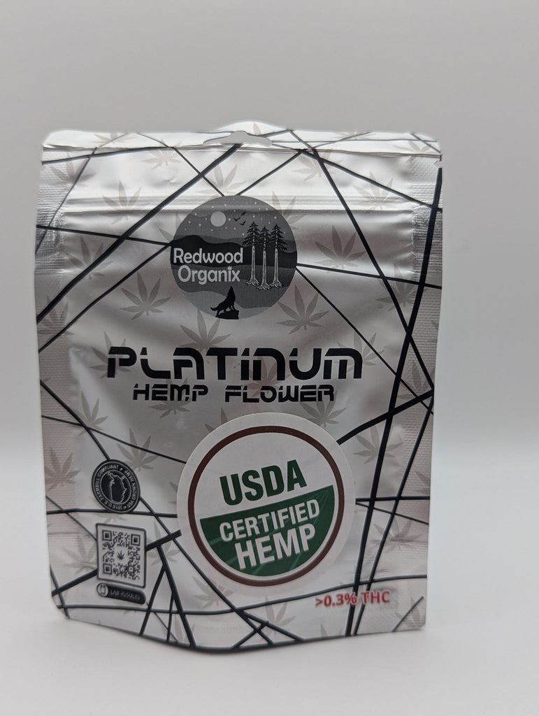 Redwood Organix Flower in a silver-and-white hemp flower pouch with black geometric lines and USDA Certified Hemp seal