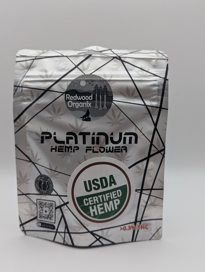 Redwood Organix Flower in a silver-and-white hemp flower pouch with black geometric lines and USDA Certified Hemp seal