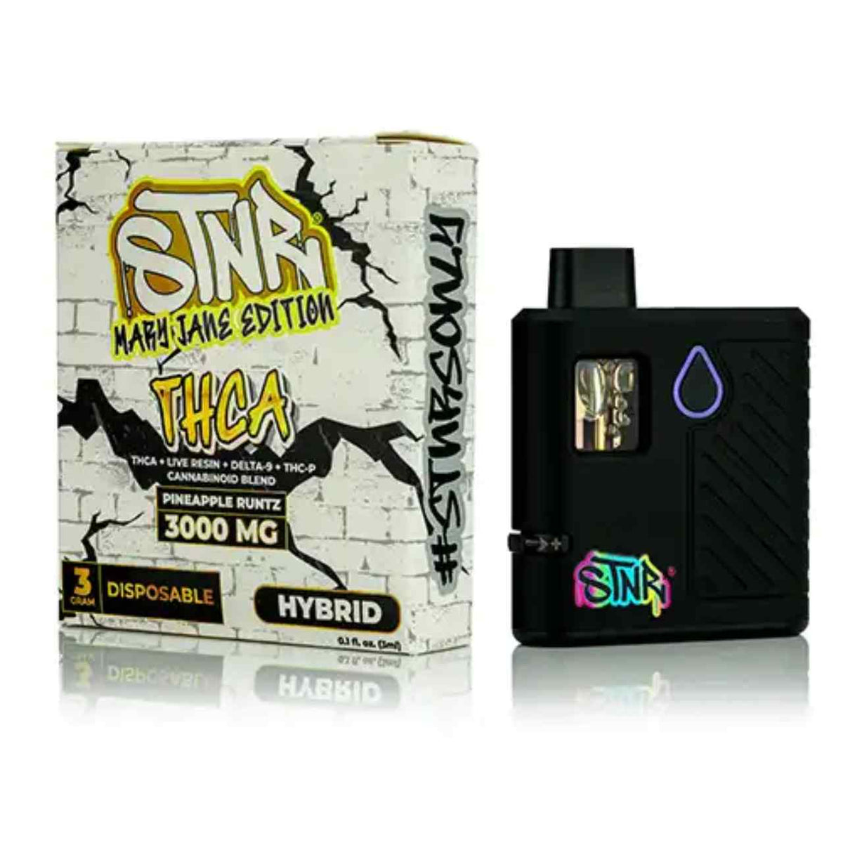 STNR Mary Jane Edition Disposables featuring a black rectangular vape device and cracked-stone effect box with colorful branding
