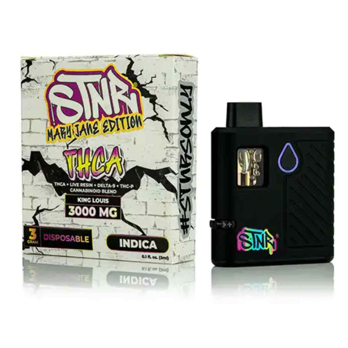 STNR Mary Jane Edition Disposables in a black rectangular vape with colorful branding beside a white crackle-patterned THC-A box