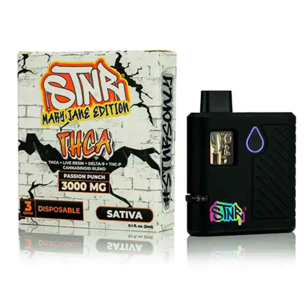 STNR Mary Jane Edition Disposables black vape device beside white Passion Punch packaging with colorful lettering
