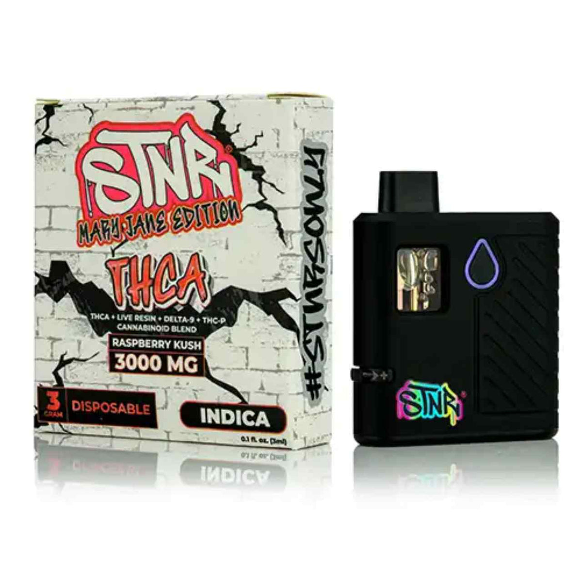 STNR Mary Jane Edition Disposables with a black vape device and white cracked-wall design box labeled Raspberry Kush Indica