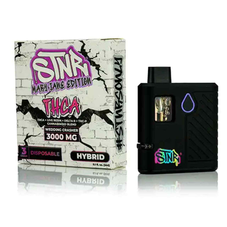 STNR Mary Jane Edition Disposables featuring a black rectangular vape device and white cracked-wall Wedding Crasher THCA 3000 mg packaging