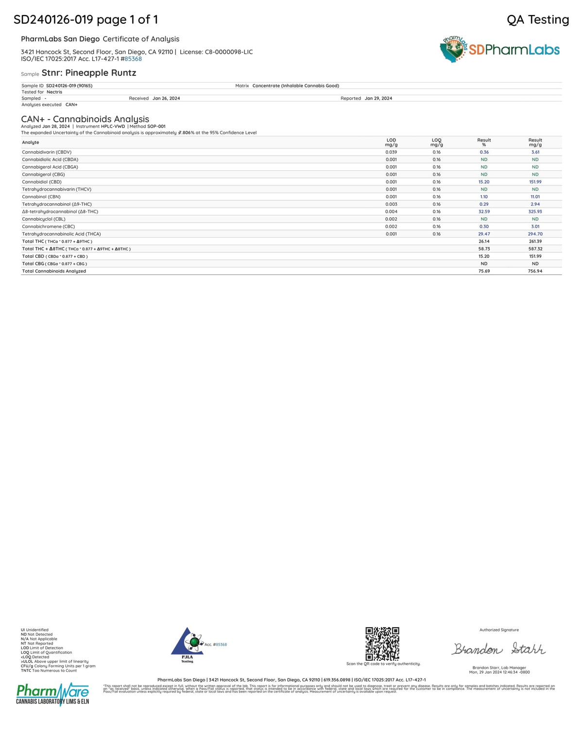 STNR Mary Jane Edition Disposables product certificate showing cannabinoid analysis, lab results, and QA testing details