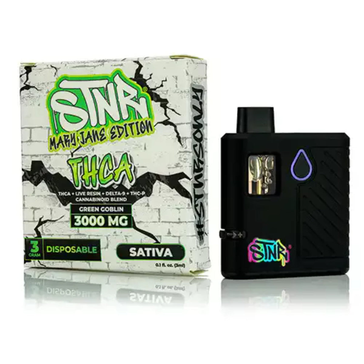 STNR Mary Jane Edition Disposables with a white and green graphic carton beside a black vape device with a colorful logo