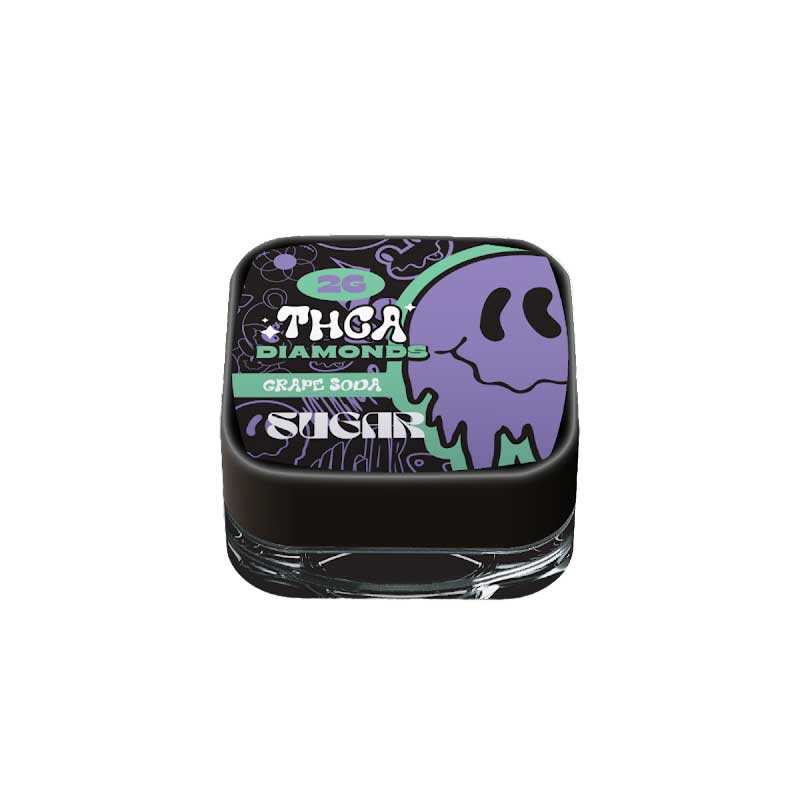 Sugar Diamonds Dab Concentrates in a black jar with a purple and green grape soda label and cartoon graphic