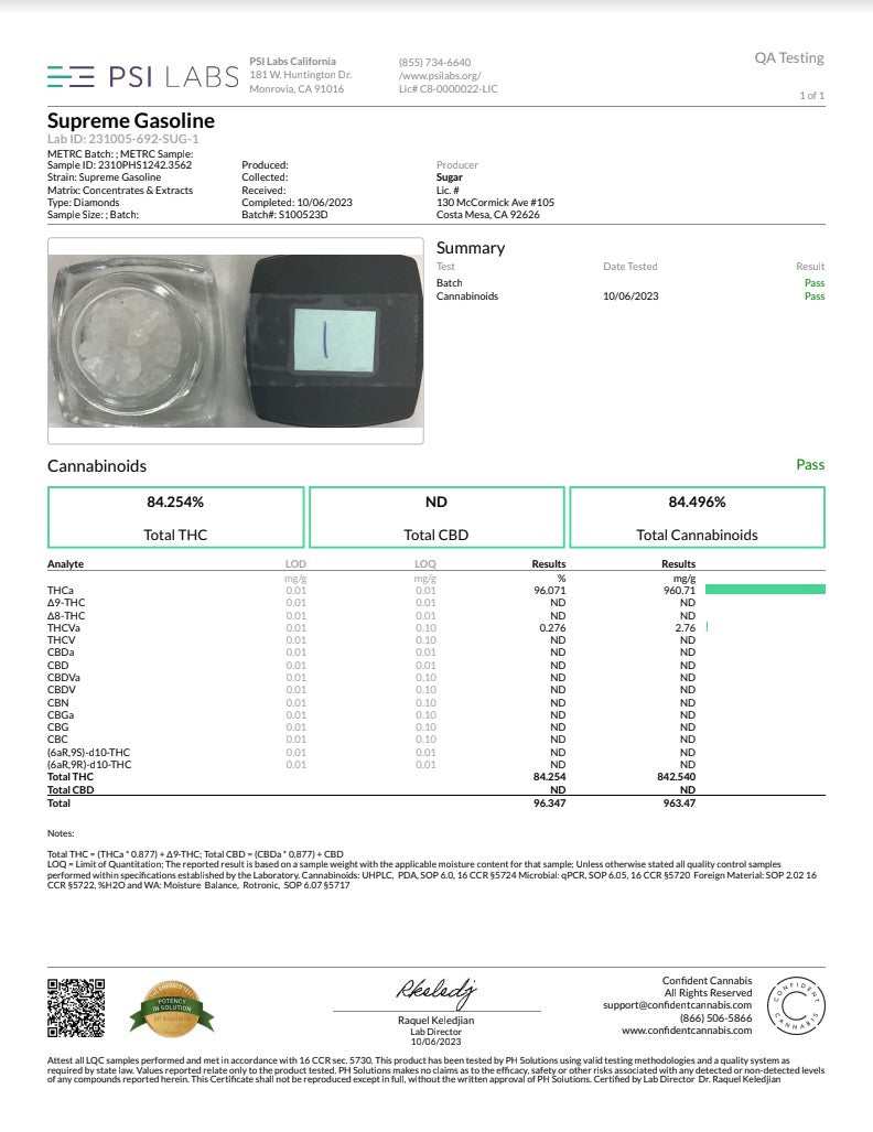 Sugar Diamonds Dab Concentrates in a clear round container beside a black-lidded jar, with a lab report showing cannabinoid results