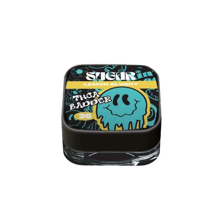 Sugar Diamonds Dab Concentrates in a black glass jar with turquoise and yellow Lemon Slushy label and playful graphic