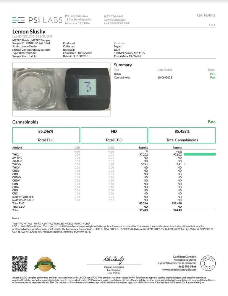 Sugar Diamonds Dab Concentrates shown with a clear sample jar and a laboratory report listing Lemon Slushy flavor and cannabinoid results