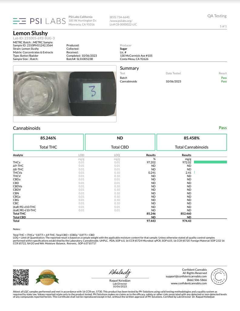 Sugar Diamonds Dab Concentrates shown with a clear sample jar and a laboratory report listing Lemon Slushy flavor and cannabinoid results