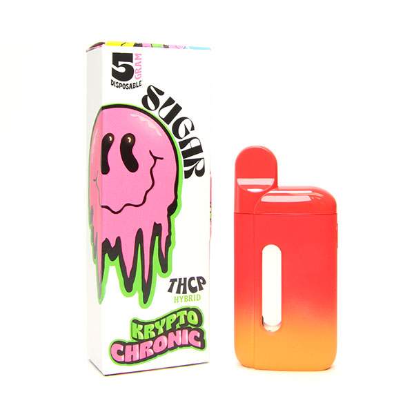 Sugar Trippy THCP Disposable(s) with a red-to-orange gradient body and white window beside a colorful Krypto Chronic box