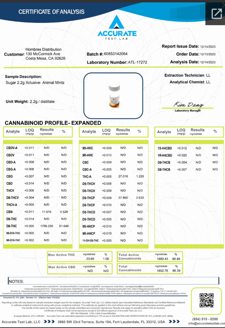 Sugar Xclusive Blend Disposables Animal Mintz label on a 2.2 g disposable vape shown in a cannabinoid lab report