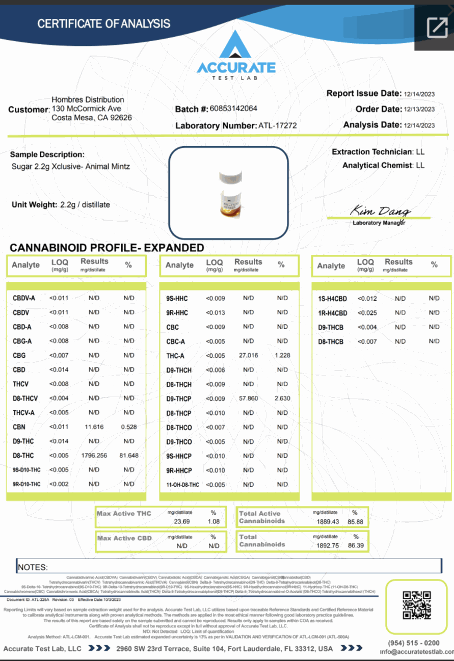 Sugar Xclusive Blend Disposables Animal Mintz label on a 2.2 g disposable vape shown in a cannabinoid lab report