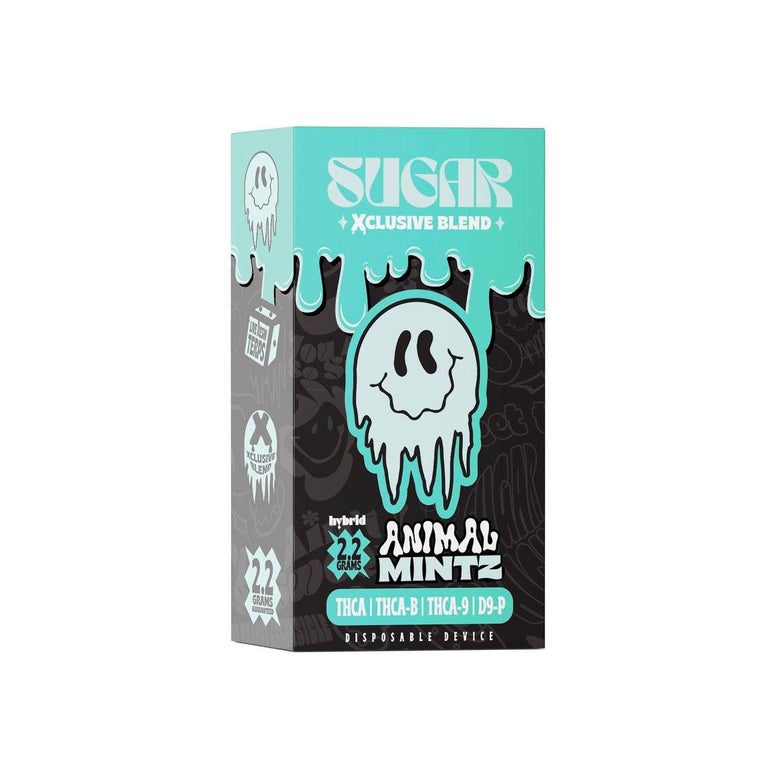 Sugar Xclusive Blend Disposables Animal Mintz vape box in turquoise and black, with a dripping ghost graphic and cannabinoid blend label