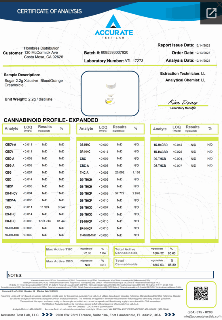 Sugar Xclusive Blend Disposables lab analysis certificate for Blood Orange Creamsicle, showing cannabinoid results and sample details