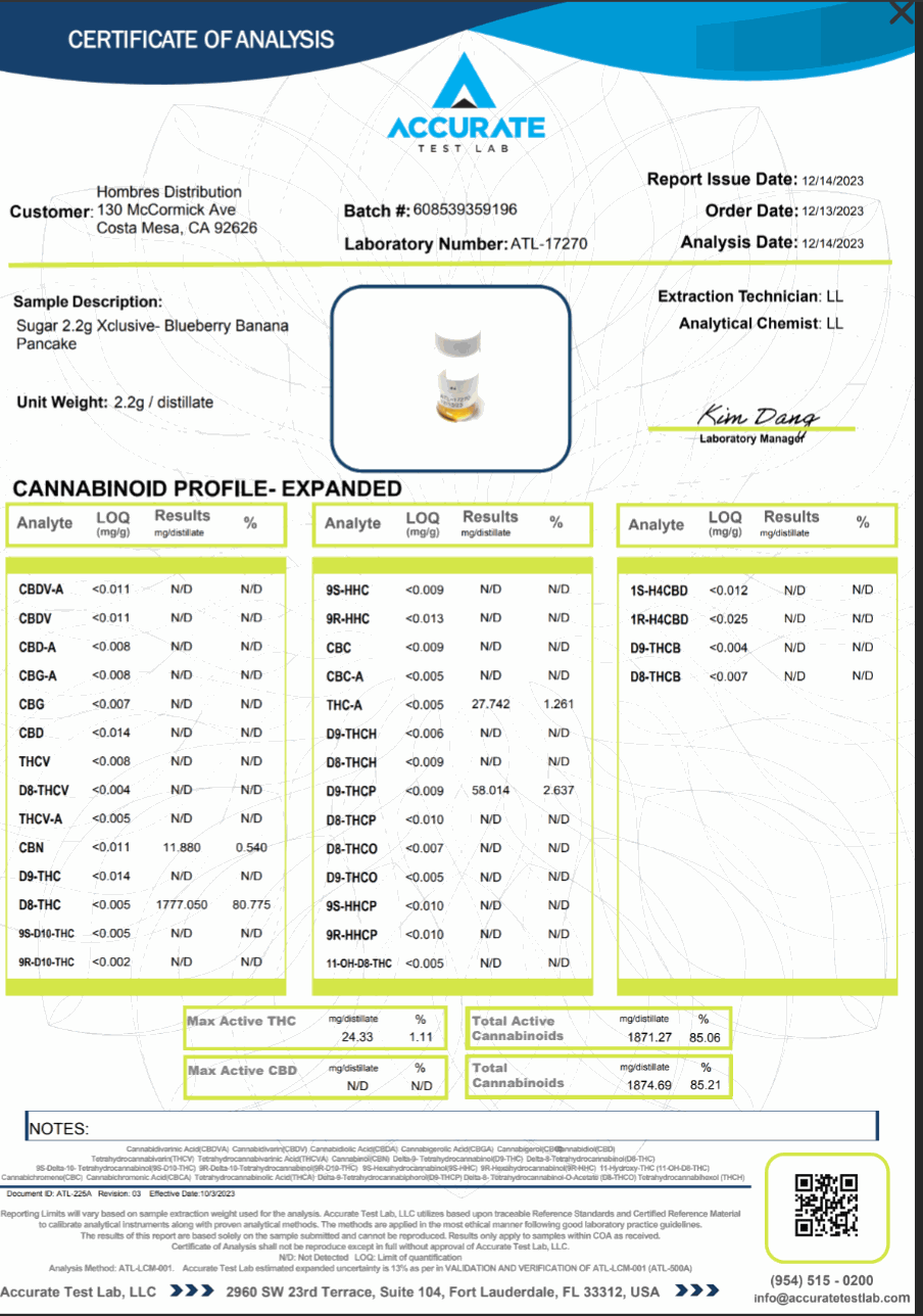 Sugar Xclusive Blend Disposables certificate of analysis showing lab results for a Sugar X2.2 Blueberry Banana Pancake disposable